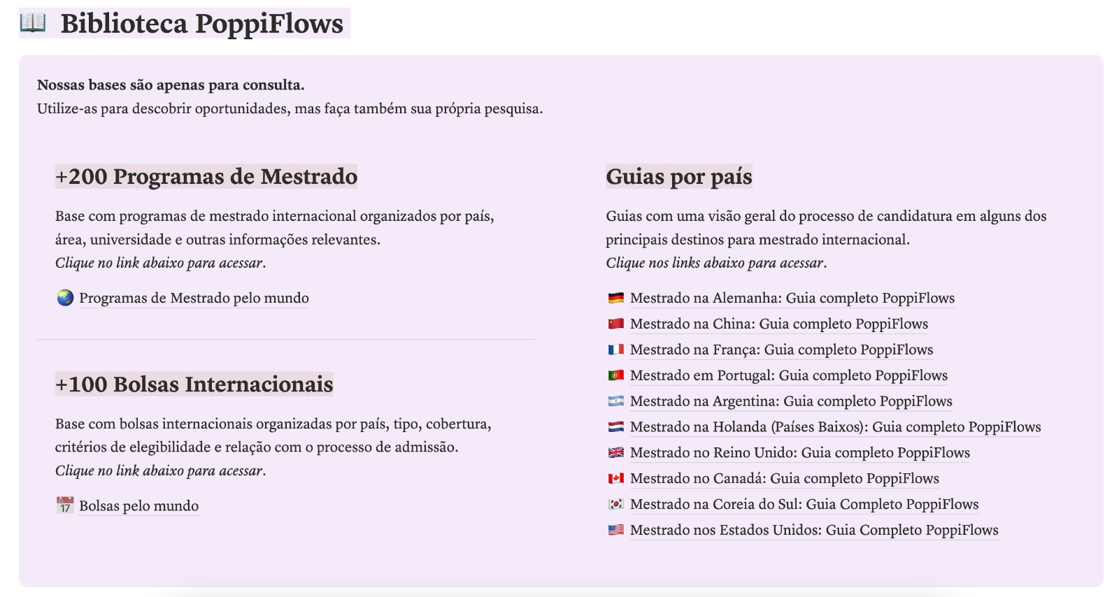 Biblioteca PoppiFlows com guias por país