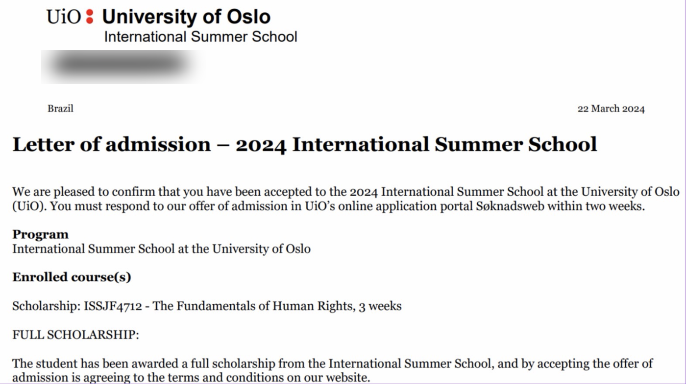 Carta de admissão da University of Oslo com bolsa integral