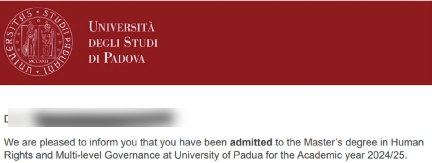 Carta de admissão da Università di Padova