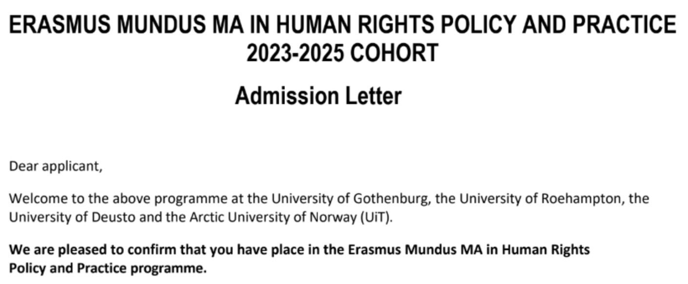 Carta de admissão Erasmus Mundus em Human Rights Policy and Practice
