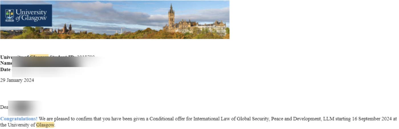 Carta de oferta da University of Glasgow