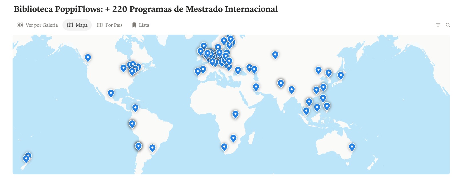 Mapa-múndi interativo com +220 programas de mestrado